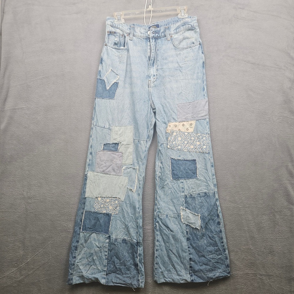 Polo Ralph Lauren The Flare Patchwork Denim Jeans Light Wash Sz 30 Boho Wide Leg